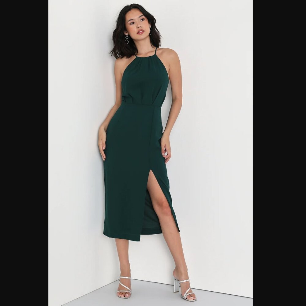 Lulu's Forest Green Halter Midi Dress with Side Slit
